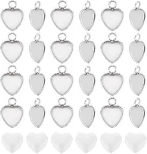 UNICRAFTALE 50 Sets Heart Cabochon 304 Stainless Steel Blank Bezel Pendant Trays With Glass Cabochons for Photo Craft Jewelry Making