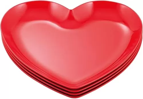 UPware Heart-Shaped Melamine Plates - Valentine's Day Theme, BPA-Free, Dishwasher Safe, for Dessert, Appetizers, and Snacks, Red, 8.5 x 8 Inch, Set of 4