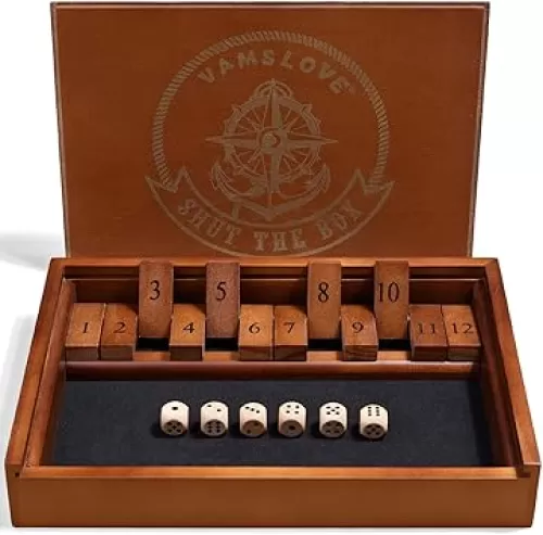 VAMSLOVE Shut The Box Dice Game Wooden Board Table Math Game for 2 Players and Up, 12 Numbers Close The Box with 6 Dice for Kids Adults Family (Instructions Included)