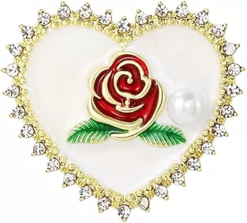 Vintage Rose Flower Heart Brooch Pin for Women Girls Gold Plated Rhinestone Shell Pearl Love Hearted Wedding Statement Brooches Lapel Pins Trendy 70s 80s 90s Dress Accessories Valentine Anniversary Jewelry Gift