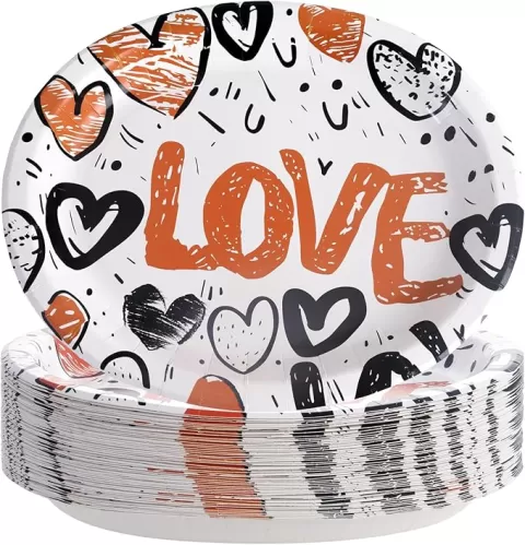 WDF 50PCS Heart Paper Plates -10"x12" Heart Plates Disposable -Love Design Valentines Plates for Weddings/Anniversary Birthday Party