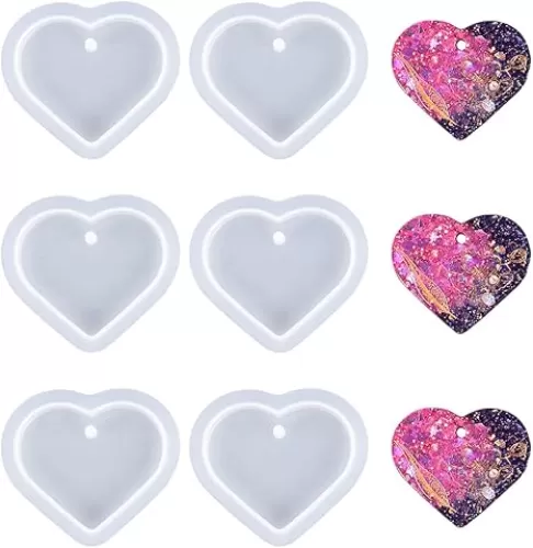 Weenkeey 6 Pcs Heart Shape Resin Mold Keychain Charms Silicone Jewelry Casting for DIY Craft Pendant Necklace - Love Heart Epoxy