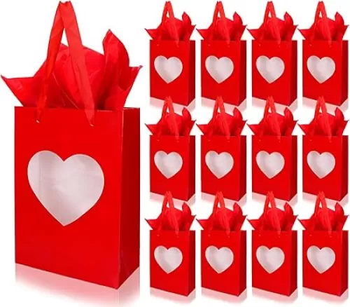 Whaline Valentine' s Day Paper Gift Bags with Heart Clear Window Love Heart Red Party Favor Bags with Handle Goodie Candy Treat Bag with Tissue Paper For Wedding Anniversary Holiday, 12Pcs