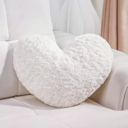 White Heart Pillow Accent Pillow Decorative Throw Pillows for Chair Bed Couch and Living Room; Fabric with Delicate Rose Pattern, Available in 6 Colors, Perfect for Home Decor & Gift