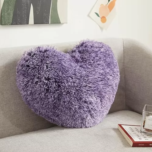 XeGe Luxury 15"x17" Faux Fur Heart Pillow, Cute Plush Shaggy Decorative Throw Pillow, Conquette Fluffy Heart Shape Pillow, Fuzzy Cushion Throw Pillows for Bedroom/Kid's Room/Living Room, Purple Ombre