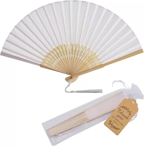 yanstar 30pcs White Heart-Shaped Folding Fans with 10 Thank You Cards & 10 Organza Bags - Elegant Wedding Favors, Bridal Shower, Baby Shower Decorations, Portable Celebration Gifts for Women