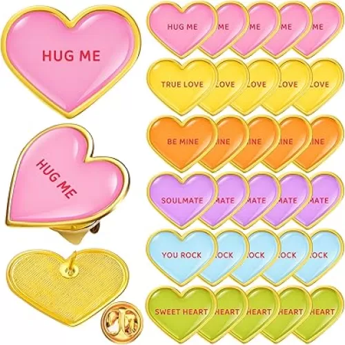Yinkin 30 Pcs Valentines Day Heart Shaped Pins Colorful Love Brooch Metal Motivational Heart Badge for Valentines Party Favor Class Gift Card Employee Teacher Volunteer
