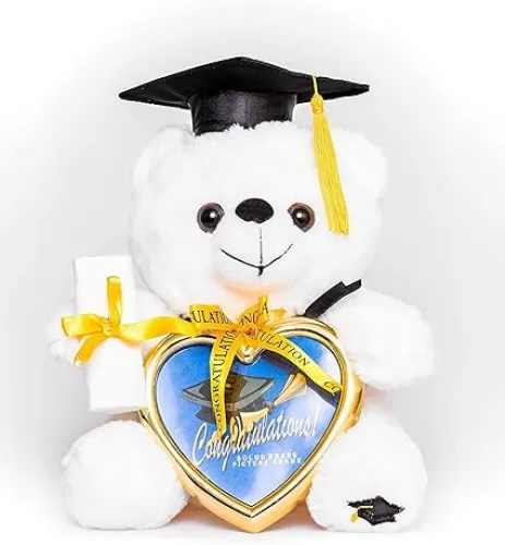 YMCtoys ? Graduation Plush 8" Teddy Bear Black Cap and Diploma in Hand with A Heart Shaped Picture Frame