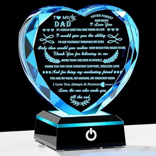 YWHL Gifts for Dad from Daughter Son with Colorful LED Base Heart Crystal Keepsakes to My Dad Fathers Day Birthday Gift Idea Unique Presents for Father on Valentine