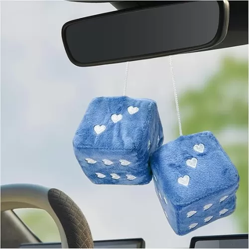 1 Pair Fuzzy Plush Dice for Car Mirror, 3'' Retro Square Dice with Heart-Shape, Plush Retro Dice Hanging Ornament, Universal Interior Hanging Dice Decor for Men Women (Blue)