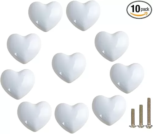 10 Pack Ceramic Heart knob White Drawer Knobs, Heart Shaped Dresser Knobs Cute Kitchen Cabinet Pull Handles, Small Vanity Knobs Hardware Closet Cupboard Knobs