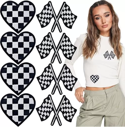 10 PCS Checkered Racing Flag Patches, Heart Checkered Iron On Patches, Black White Hearts Embroidered Jean Patches Punk Funny Embroidered Badge Iron for Clothes Bags Hats T-Shirts Jeans
