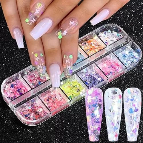 12 Grids Flaky Nail Art Glitter Sequins 3D Heart-Shaped Butterfly Ultra Thin Nail Art Sparkly Flake Designs Moon Stars Decorations Nail Glitter Sequins Suitable for Female Girl Nail Art Techniques