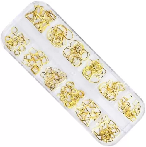 12 Grids Gold Metal Nail Rivets – 3D Alloy Nail Art Charms with Geometric Shapes (Circle, Heart, Moon) for Nail Salon, DIY Manicure & Press-On Nails