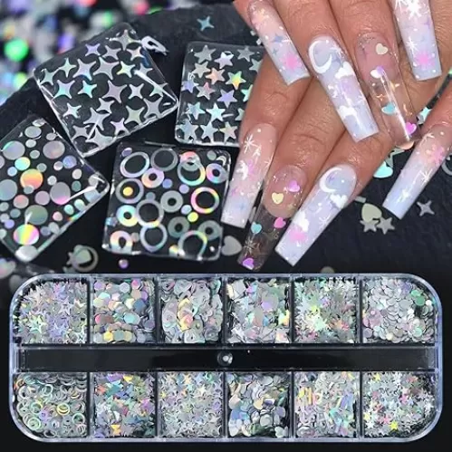 12 Grids Holographic Nail Art Glitter Sequins 3D Silver Heart-Shaped AB Letter Stars Butterfly Nail Art Sequins Hexagon Sparkles Stars Design Laser Nail Flakes for Women DIY Acrylic Manicure Decor