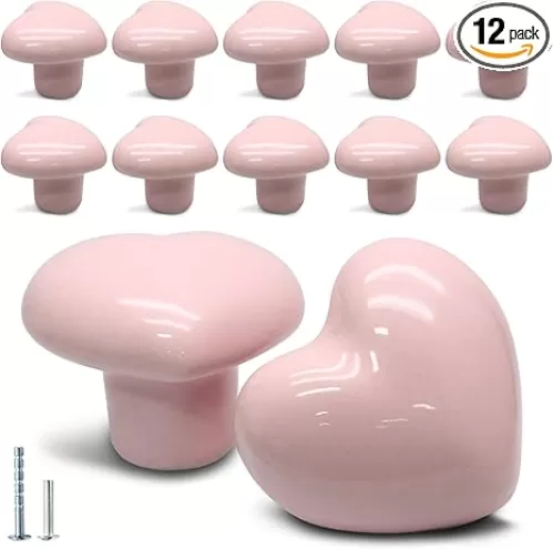 12 Pcs Ceramic Cabinet Knobs Heart Shape Cabinet Pulls Dresser Handles Cute Kitchen Cabinet Knobs, Vanity Knobs Hardware Closet Cupboard Knobs for Bedroom(12Pack, Powder Pink)