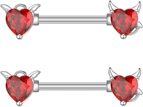 14G Angels and Demons Nipple Rings Stainless Steel Red Crystal Diamond Love Heart Tongue Ring Nipple Shield Barbell Ring Bar Nipplerings Piercing Body Jewelry Gifts for Women