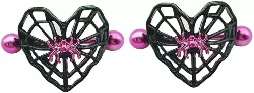 14G Heart Spider Web Nipple Rings for Women 316L Stainless Steel Black Spider Web Nipplerings Nipple Piercing Barbell Nipple Shield Studs Halloween Body Piercing Jewelry