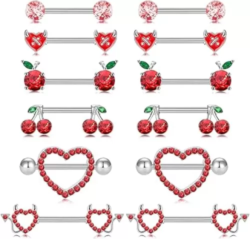 14G Nipple Rings for Women 316L Stainless Steel Heart, Butterfly, Moon, Devil, Flower Nipple Barbell CZ Nipple Rings Set Nipplerings Piercing Jewelry