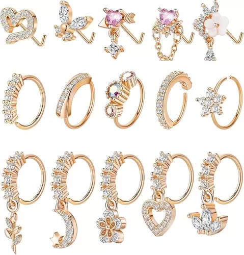 15PCS 20G 316L Stainless Steel Dangle Nose Rings Hoop for Women L Shape Nose Stud CZ Heart Flower Butterfly Nose Rings Piercing Jewelry