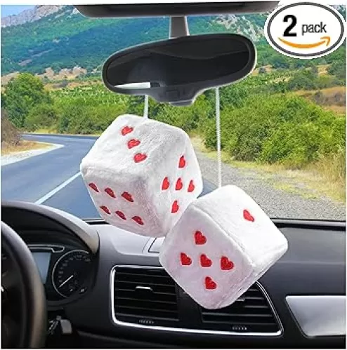 2 PCS Fuzzy Plush Dice for Car Mirror, 3" Soft Retro Square Heart-Shape Rearview Mirror Ornament, Universal Interior Hanging Dice Decor Accessories for Women (White)