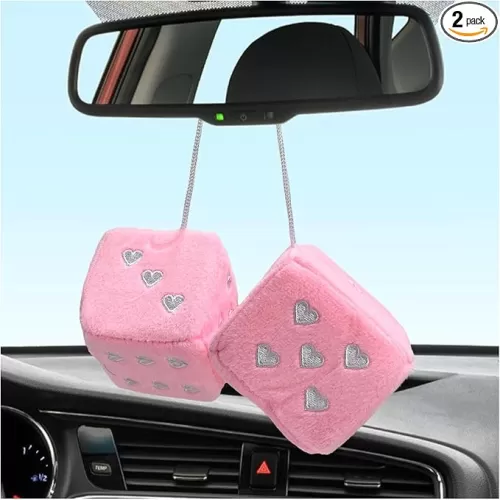 2 PCS Fuzzy Plush Dice for Car Rearview Mirror, 3'' Retro Square Heart-Shape Dice Mirror Hanging Ornament, Universal Interior Hanging Dice Decor Accessories for Men Women (Pink)