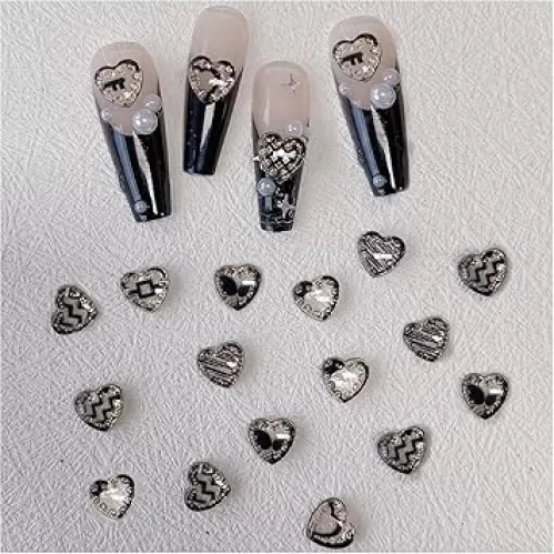 20 Pcs 3D Black and White Checker Heart-Shaped Nail Charm, Irregular Pattern Nail Supplies, Acrylic Nail Art DIY Nail Designs Nail Supplies（Mixed）