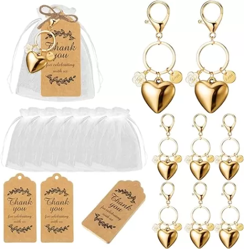 20 Set Heart Keychain Party Favors Set Steel Flower Keyring Gold Heart Charm Aesthetic Accessories Souvenir Present with Kraft Tags Organza Bag for Guests Baptism Baby Shower Wedding