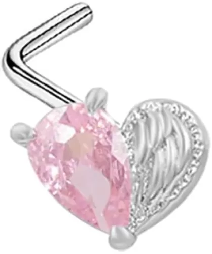 20G Pink CZ Heart Nose Rings for Women Stainless Steel Love Heart L-Shaped Nose Studs Rings Screws Dainty Nose Nostril Piercing Jewelry