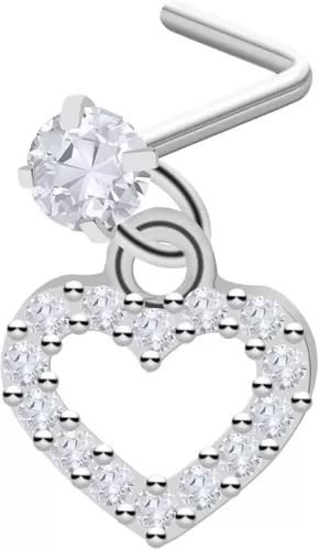20G Shaped Nose Studs Surgical Steel Clear Diamond CZ L Shaped Nose Rings Studs Nose Rings for Women Dangling Heart Star Nose Nostril Piercing Jewelry Silver Gold Black