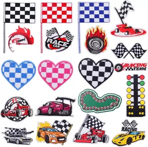 20pcs Black White Checkered Square F1 Racing Patches Cycle Race Car Heart Flag Checker Iron on Embroidery Patch Tactical Sewing Appliques for Clothing Jeans Jacket Backpack Hat Crafts Decor