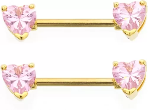 2PCS 316L Surgical Steel PVD Gold 14G Nipple Rings Heart Shaped Prong Set Crystal CZ Nipple Barbells Women Nipplerings Piercing Bars 12mm 1/2 Inch