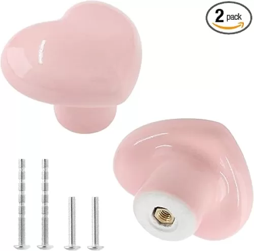 2pcs Ceramic Cabinet Knobs - Pink Heart Shaped Drawer Pulls for Kids & Girls Bedroom, Kitchen & Closet Cupboards