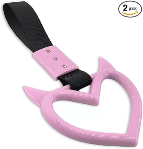 2PCS Heart shaped Car Handle Straps, Heart Car Accessories, Ring Hearts Shaped Cars Hand Strap Drift Charm, Universal Handle Keychains Accessory Suitable for Cars Bus (Pink+black)