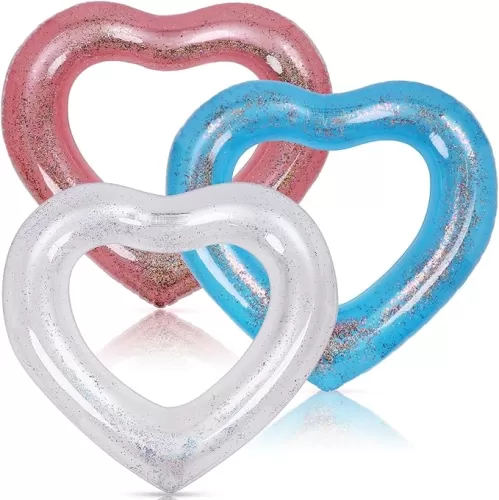 3 Pieces Inflatable Heart Pool Float, 47.3 x 39.4 Inch Glitter Inflatable Swim Rings Bachelorette Party Pool Float Tube, Heart Shaped Summer Swimming Ring, Water Beach Party for Adults