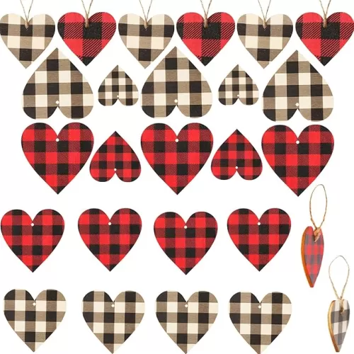 30 Pieces Romantic Valentine's Day Mother's Day Christmas Buffalo Plaid Heart Shaped Ornaments Heart-Shaped Hanging Decorations for Christmas Wedding Home Decoration