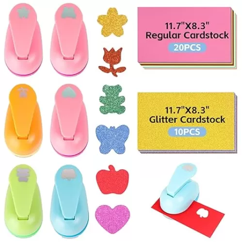 36Pcs Craft Hole Punch Set - Cute Sakura, Flower, Bear, Butterfly, Apple, Heart Shapes - 6-Shape Punchers with 30 Papers for DIY Crafting, Scrapbook Albums, Kindergarten Projects