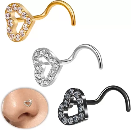 3PCS 20G Nose Studs for Women. Delicate Heart-shaped CZ Nose StudsHypoallergenic 316L Surgical Stainless Steel Piercing Jewelry for nose Piercings.