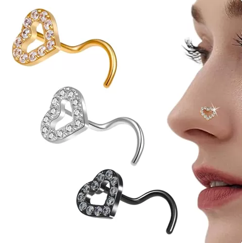 3PCS Heart Nose Studs for Women Gold/Silver/Black 20G Nose Rings Studs Set Hypoallergenic Stainless Steel Nose Piercings Studs Jewelry
