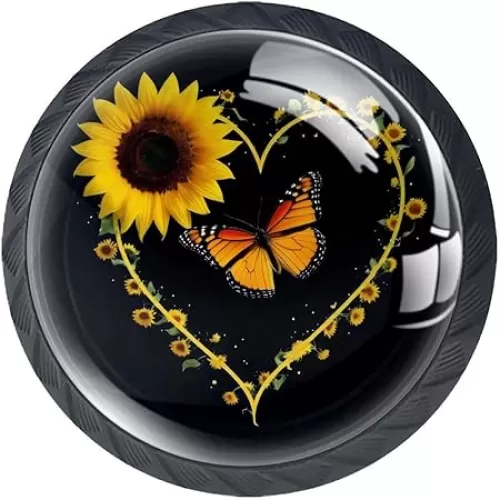 4 Pack Black Cabinet Knobs Heart Shaped Sunflower Dresser Knobs Drawer Pulls Handles Kitchen Cabinet Hardware Round Knobs for Cabinets and Drawers Cupboard Closet Bathroom