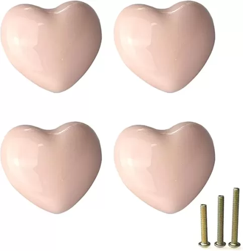4 Pack Pale Pink Heart Shaped Ceramic Cabinet Knobs, Decorative Knobs for Dresser Drawers