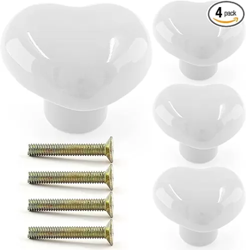 4 Pcs Heart Shape Cabinet Knobs, Ceramic Drawer Pulls Knobs, Lovely Decorative Furniture Knobs for Closet Cupboard Wardrobe Kitchen Door Dresser (White)
