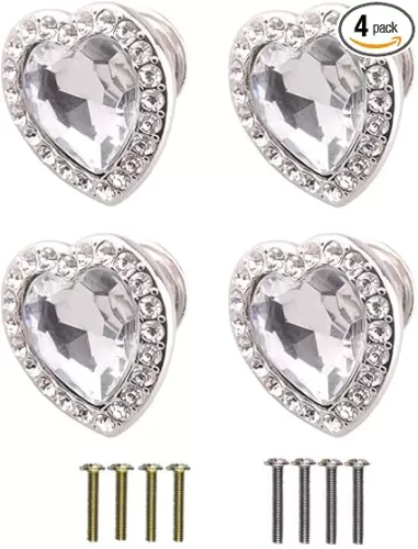 4 Pcs Heart-Shaped Silver Zinc Alloy Acrylic Cabinet Knobs, 1.57" x 1.57" x 0.98", For Dressers, Cabinets, Wardrobes, Closets, Etc.