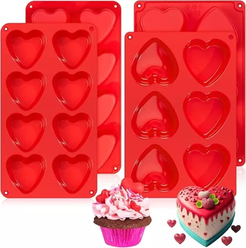 4 Pcs Valentine Silicone Heart Shaped Muffin Pan Cupcake Pans for Baking 8 Grid 6 Grid Silicone Molds for Brownie Cupcake Cookies Chocolate Candy Ice Cube Soap (Heart Shape)