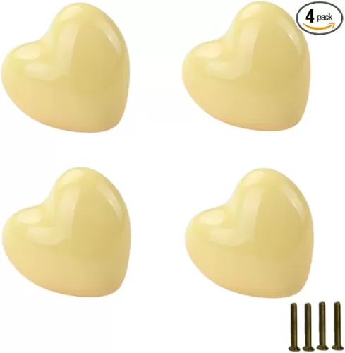 4 Pcs Yellow Heart Shape Ceramic Cabinet Knobs Vintage Door Knobs Drawer Dresser Cupboard Pull Handles for Home Kitchen