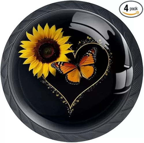 4 Pieces Drawer Knobs Heart Shaped Sunflower Kitchen Cabinet Knobs Black Drawer Pulls Dresser Knobs, Glass Knobs for Kitchen Cabinet Hardware Bathroom 35MM
