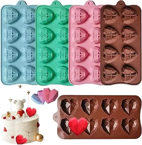 4Pack Diamond Heart Silicone Molds 3D Love Heart Shaped Chocolate Mold Heart Mold for Making Chocolate Cake Mousse Candy Dessert for Valentines Day Wedding Anniversary Party