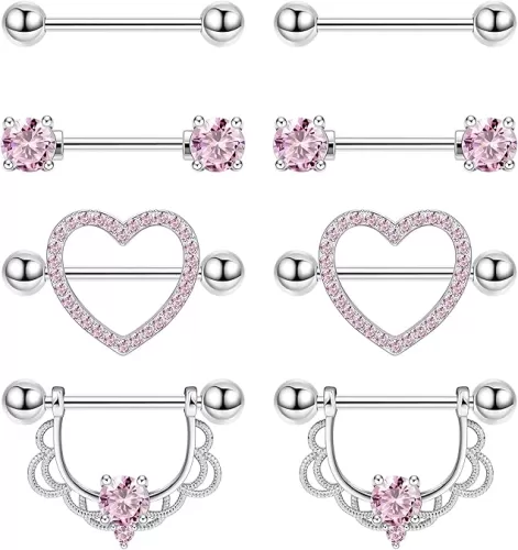 4Pairs 14G G23 Titanium Nipple Rings for Women Heart Flower CZ Barbell Nipplerings Hypoallergenic Cute Nipple Piercing Jewelry