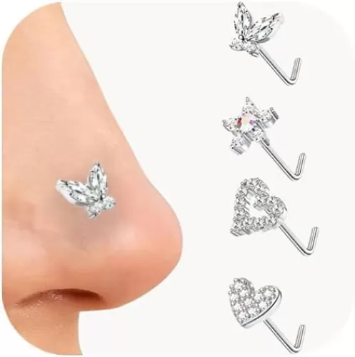 4pcs 20G Nose Rings - L Shaped & Dangle Nose Studs - Stainless Steel Butterfly, Flower & Heart Designs - Body Piercing Jewelry for Women & Men