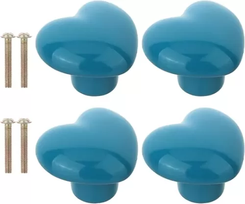 4Pcs Ceramic Cabinet Knobs Light Bink Drawer Knobs, Retro Ceramic Dresser Knobs, Heart Shape Cabinet Pulls Dresser, Cute Kitchen Cabinet Pull Handles for Kids Girls Children's Bedroom(Blue)